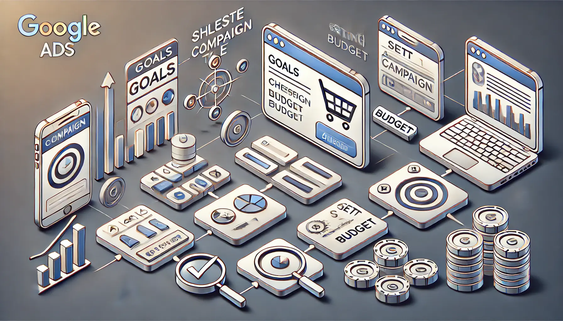 An illustration showing the step-by-step process of creating a Google Ads campaign, with icons representing different stages such as selecting goals, budget, and targeting.