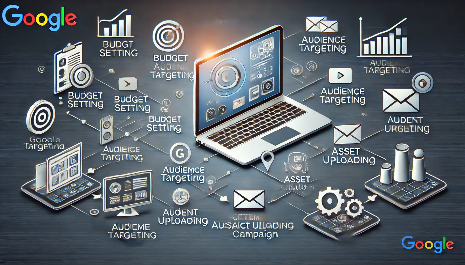 A visual representation of a step-by-step guide to campaign creation, showcasing a digital interface with icons for each campaign creation stage.