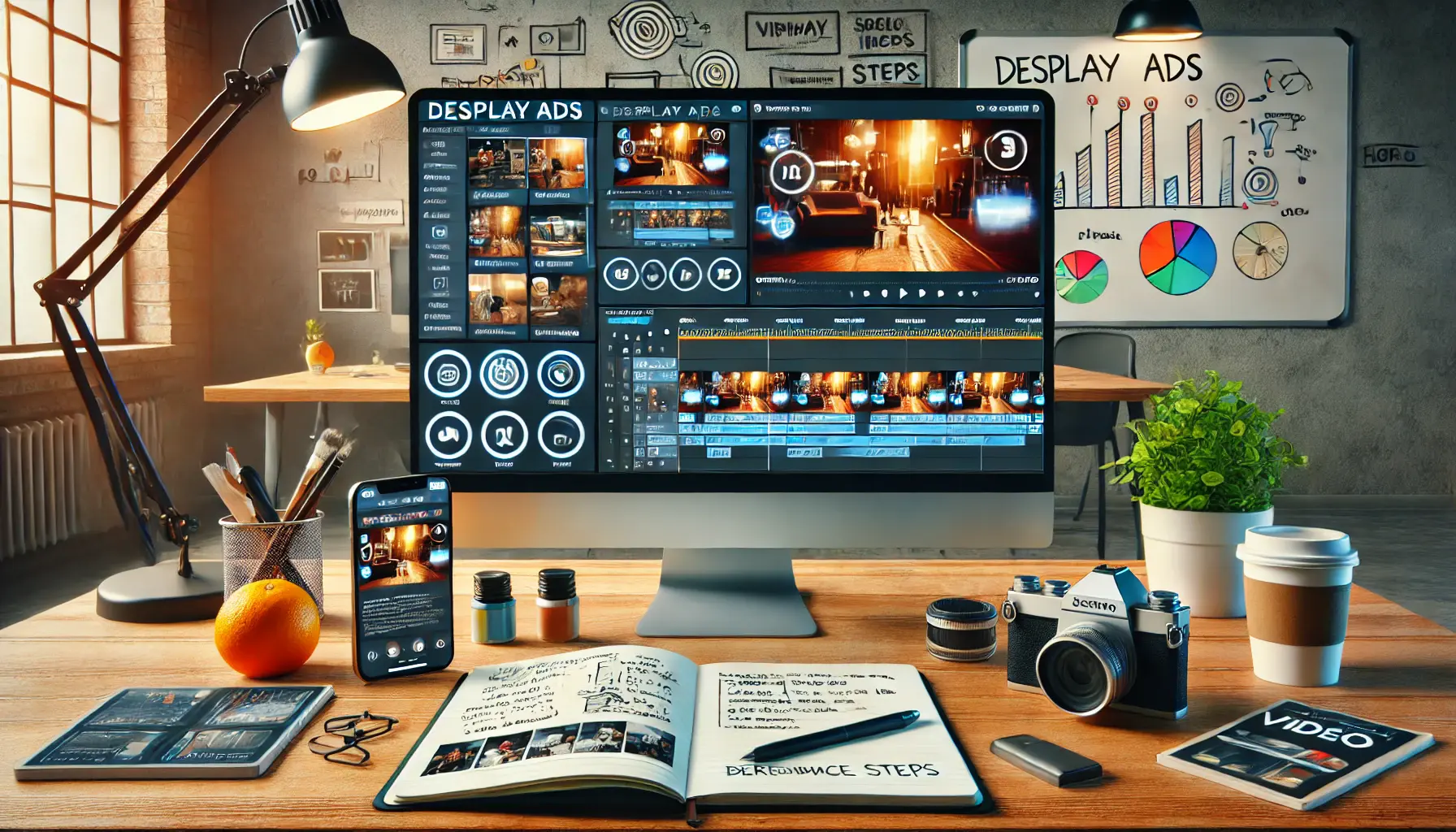 Professional workspace with a monitor displaying a video ad timeline and creative tools on the desk.