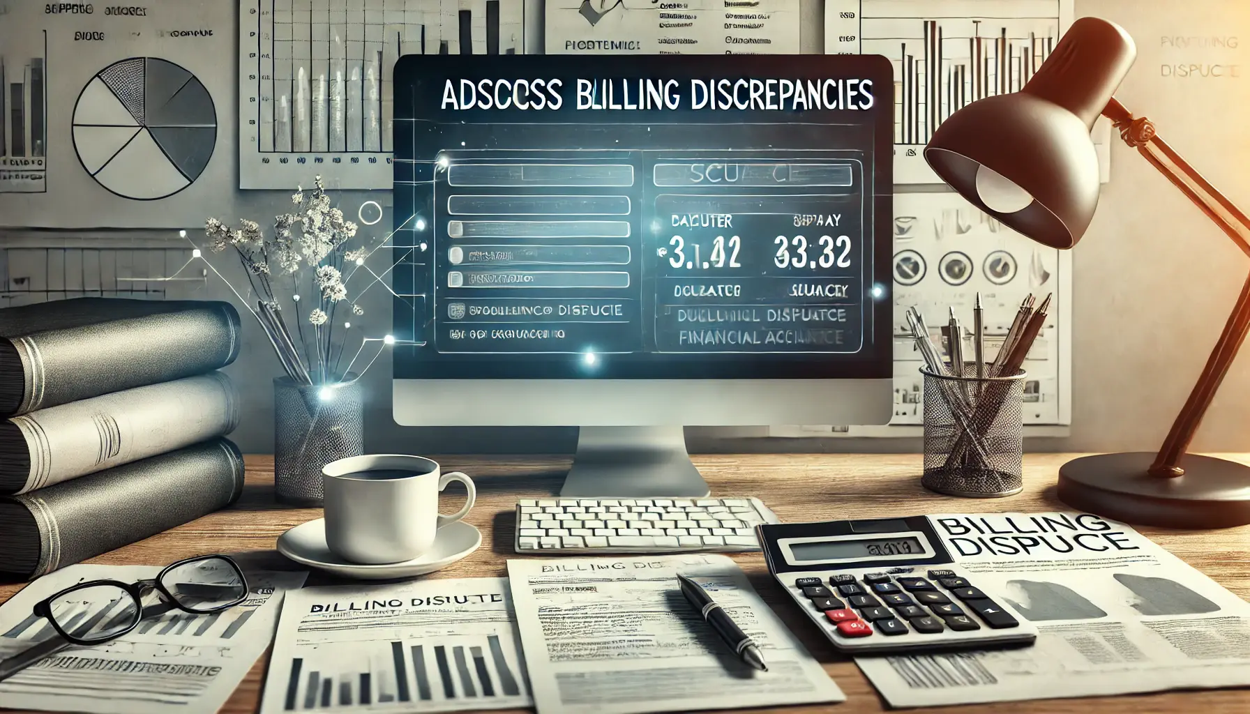 A workspace featuring a desktop screen displaying a billing dispute form, with a calculator, financial documents, and a coffee cup nearby, symbolizing the process of addressing billing discrepancies.