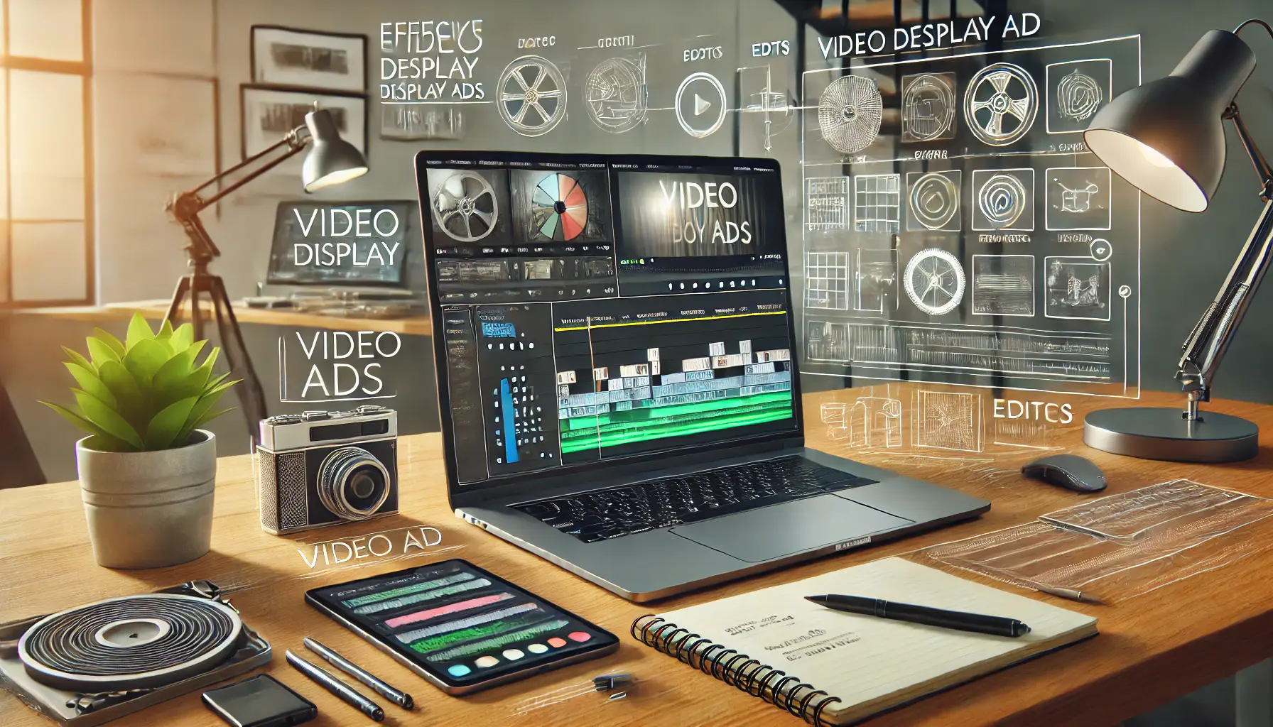 Professional workspace with a laptop displaying a video ad timeline and tools for video ad creation.