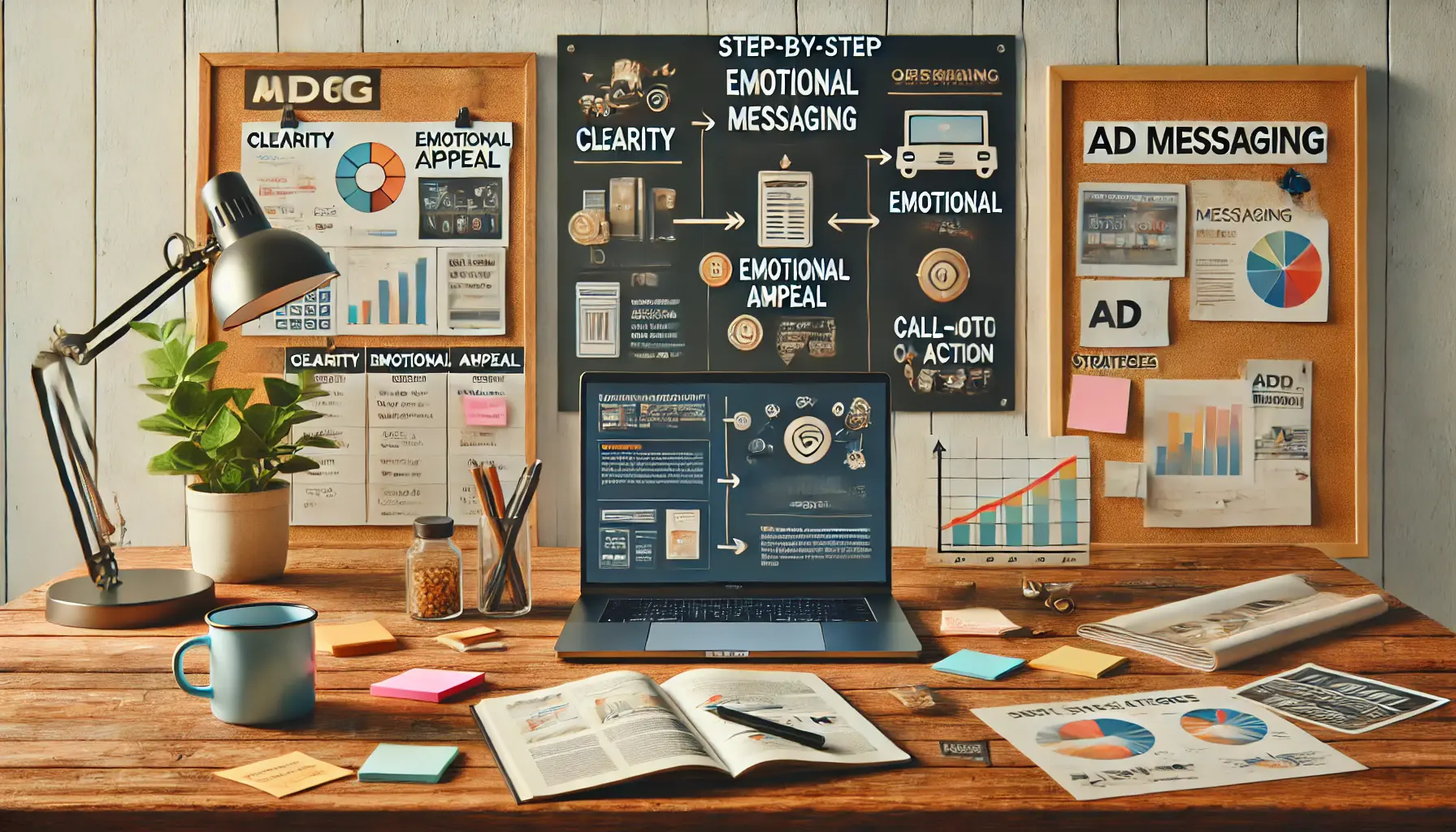 A creative workspace with a laptop displaying a step-by-step ad messaging plan, mood boards with visual elements, and sticky notes with strategies for optimization.