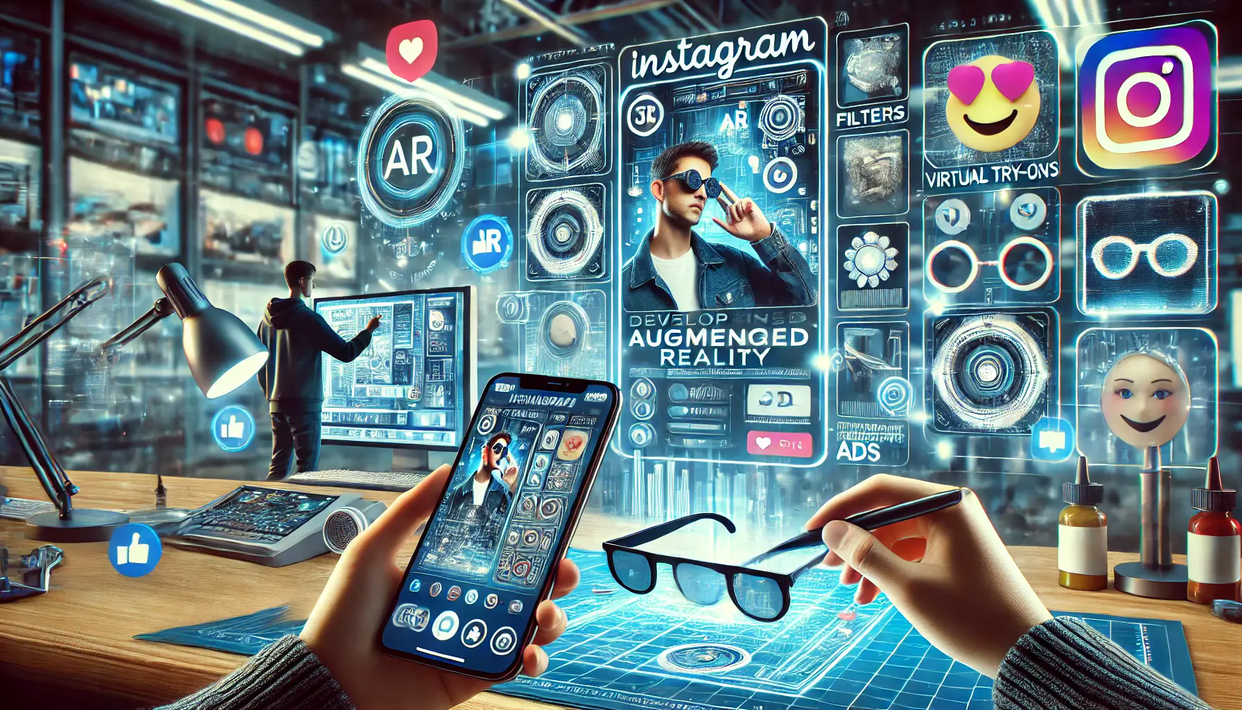 A futuristic digital workspace featuring a designer creating AR filters for Instagram ads, with a smartphone displaying a real-time interactive AR effect.