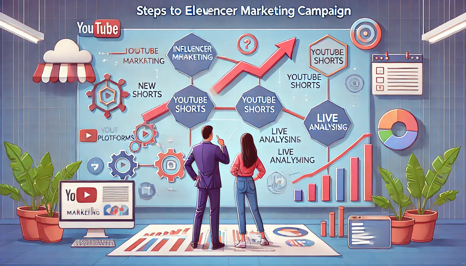 An illustration showing a marketer and influencer strategizing with a roadmap, with visual elements like upward arrows and icons for new platforms like YouTube Shorts.