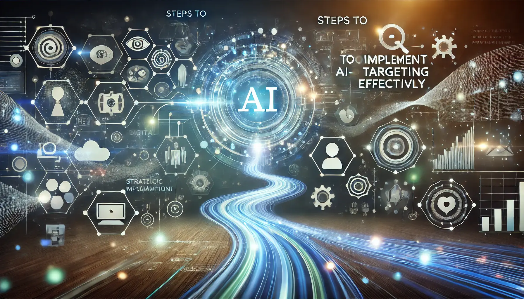 A visual representation of implementing AI-driven targeting strategies, featuring digital pathways, AI algorithms, and optimized ad targeting.