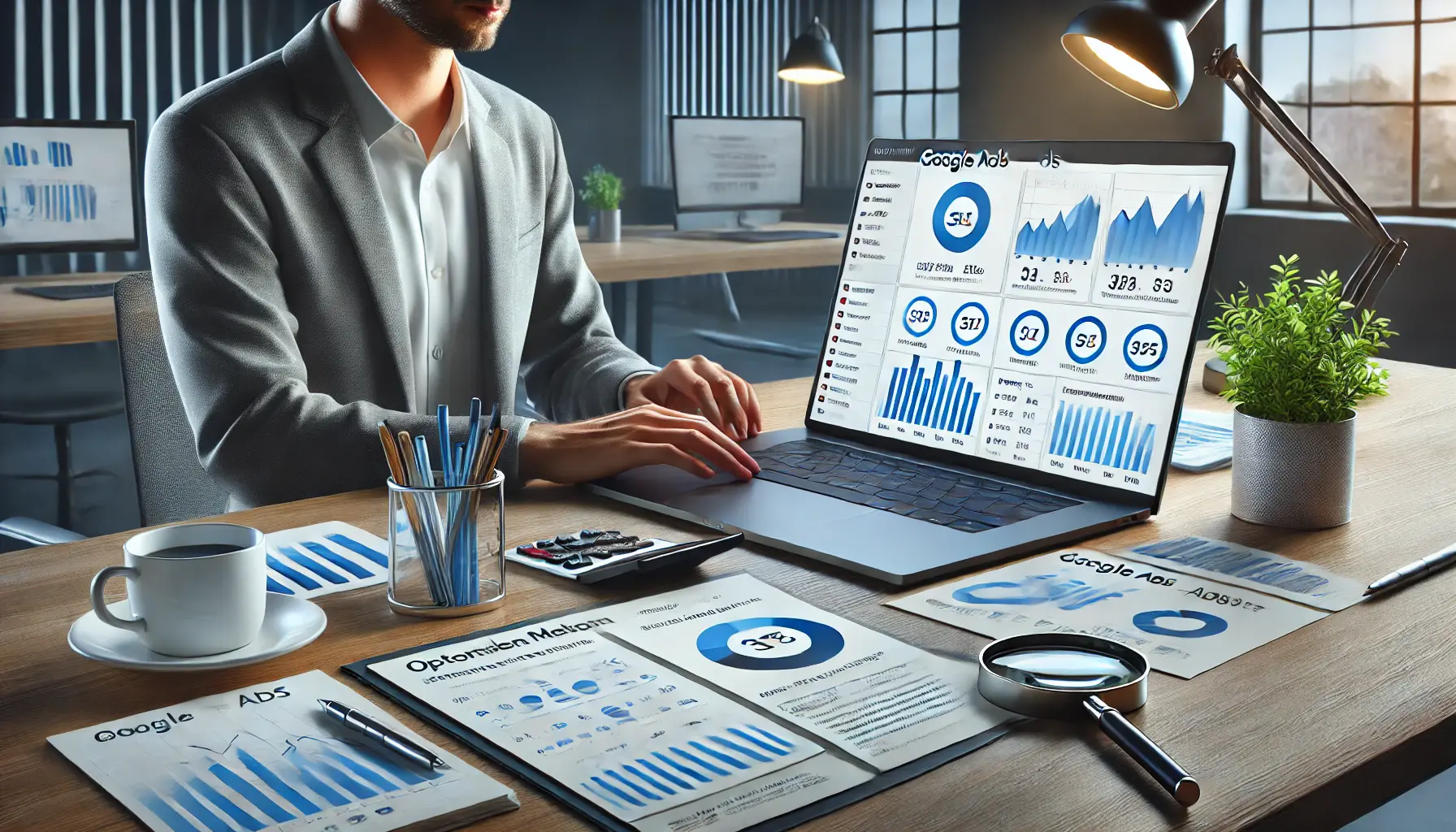 A digital marketing workspace showing a professional working on optimizing a Google Ads campaign with a laptop displaying performance metrics, charts, and reports.