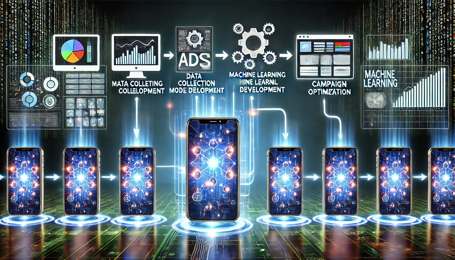 An image depicting the steps to integrate machine learning into advertising, with stages like data collection, model development, and campaign optimization.