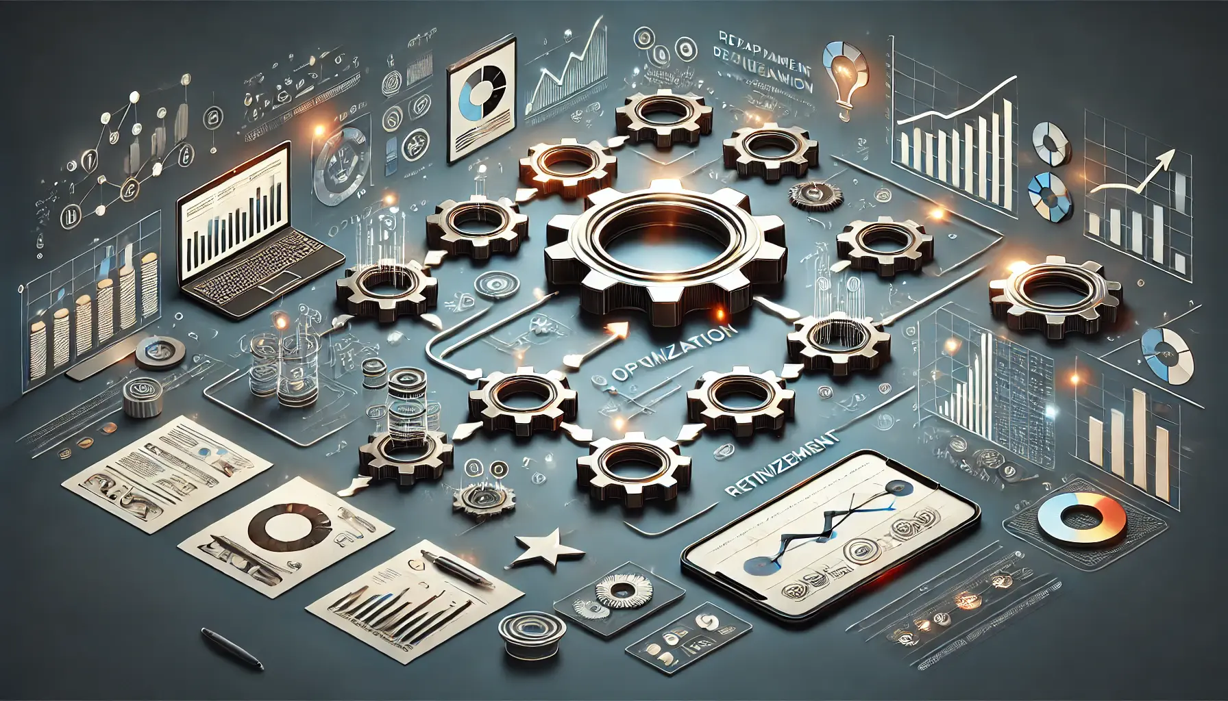 An image showing interconnected gears, arrows, graphs, and data points representing the process of refining a digital advertising campaign.