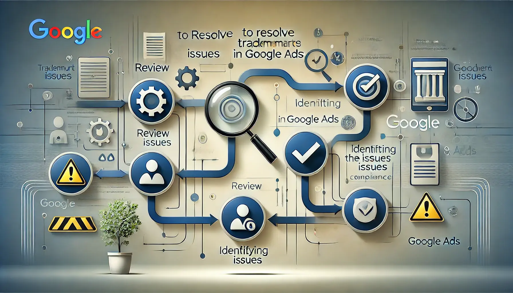 An abstract illustration representing the steps to resolve trademark issues with symbols of review, warning, and compliance.