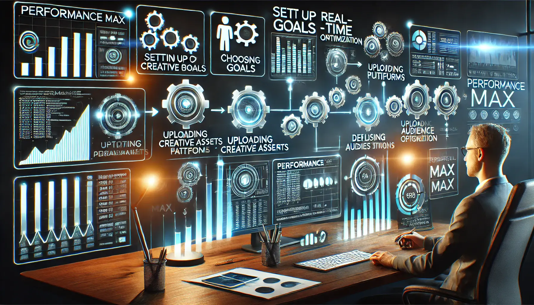 A visual representation of the steps to set up and optimize a Performance Max campaign, showing symbols of goal setting, platform selection, and asset uploads.