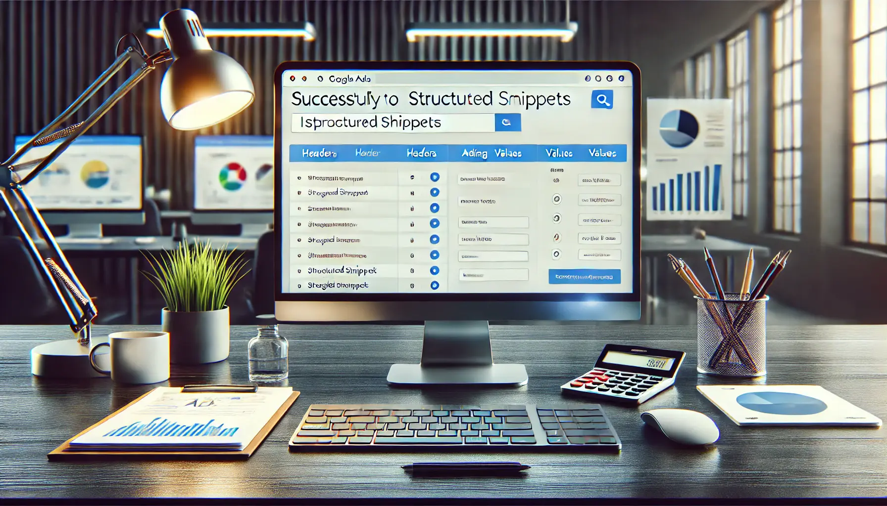 A Google Ads dashboard showing the process of setting up structured snippets, including selecting headers and adding values, in a professional workspace.