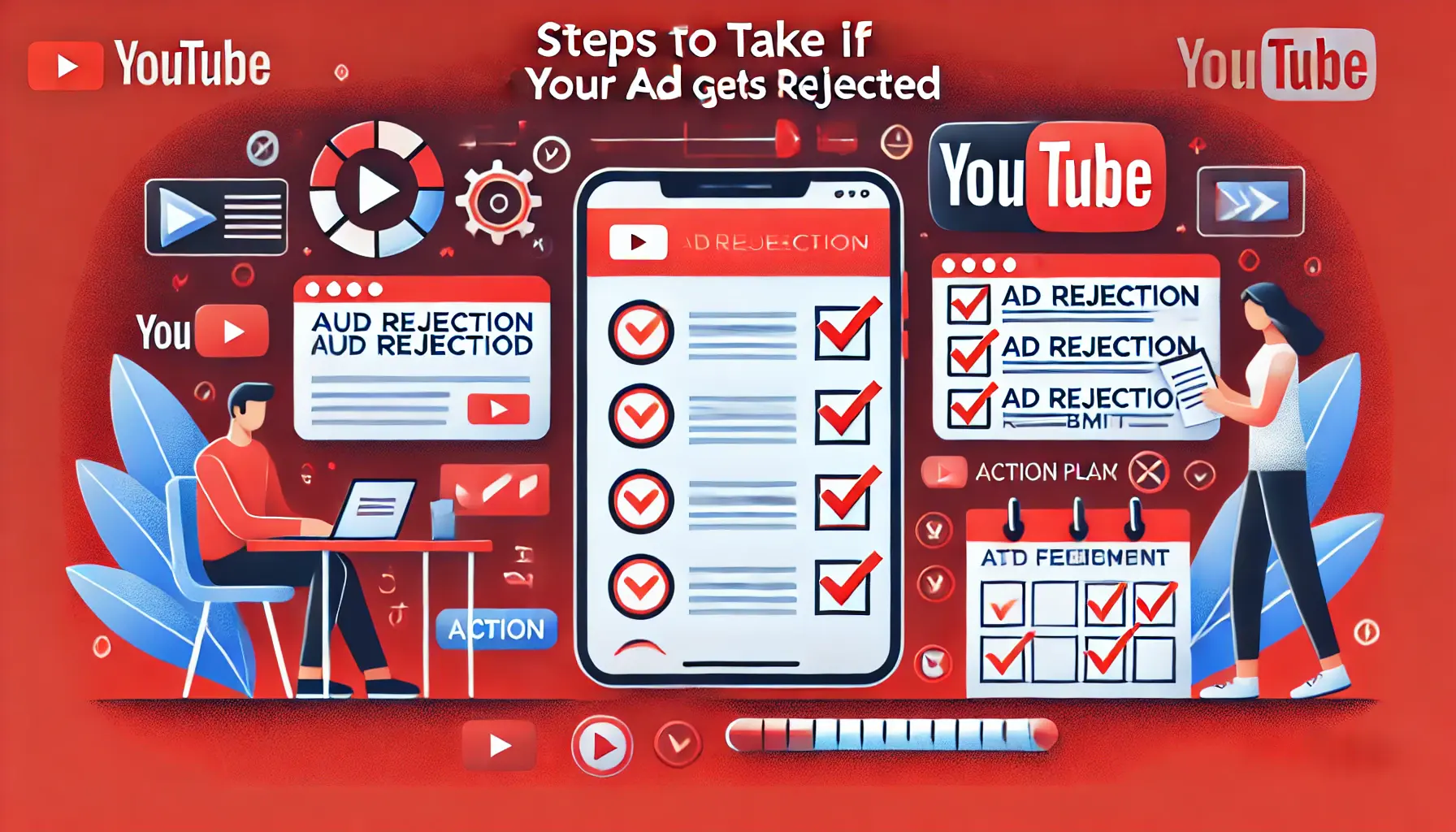 An image showing a digital notification of ad rejection, a person reviewing feedback, and an action plan with checkmarks.