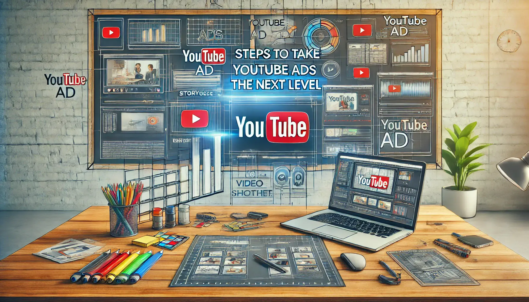 A professional workspace with a storyboard and visual content for YouTube ads, reflecting the creative process of enhancing advertising strategies.