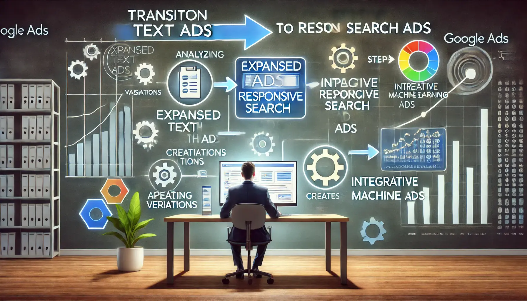 A digital marketer working on a dashboard with icons representing the steps to transition from Expanded Text Ads to Responsive Search Ads.