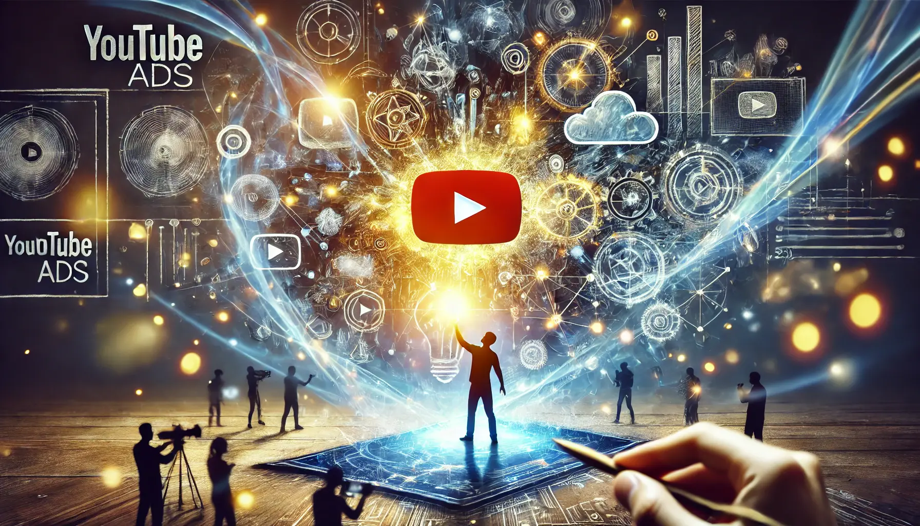 A creative and dynamic image depicting storytelling in YouTube advertising, showcasing a group of people engaging with a screen, symbolizing digital marketing and creativity.