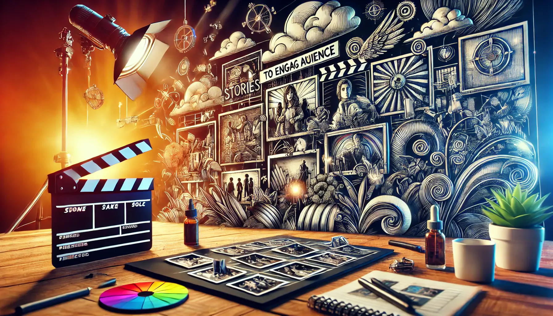 A storyboard with illustrated frames and video production tools like a clapperboard and camera in a creative setup.