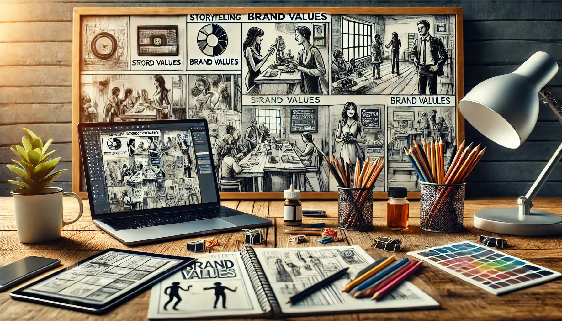 A professional workspace with a storyboard showing scenes representing brand values through visual storytelling, including characters embodying the brand's mission and real-life product usage.