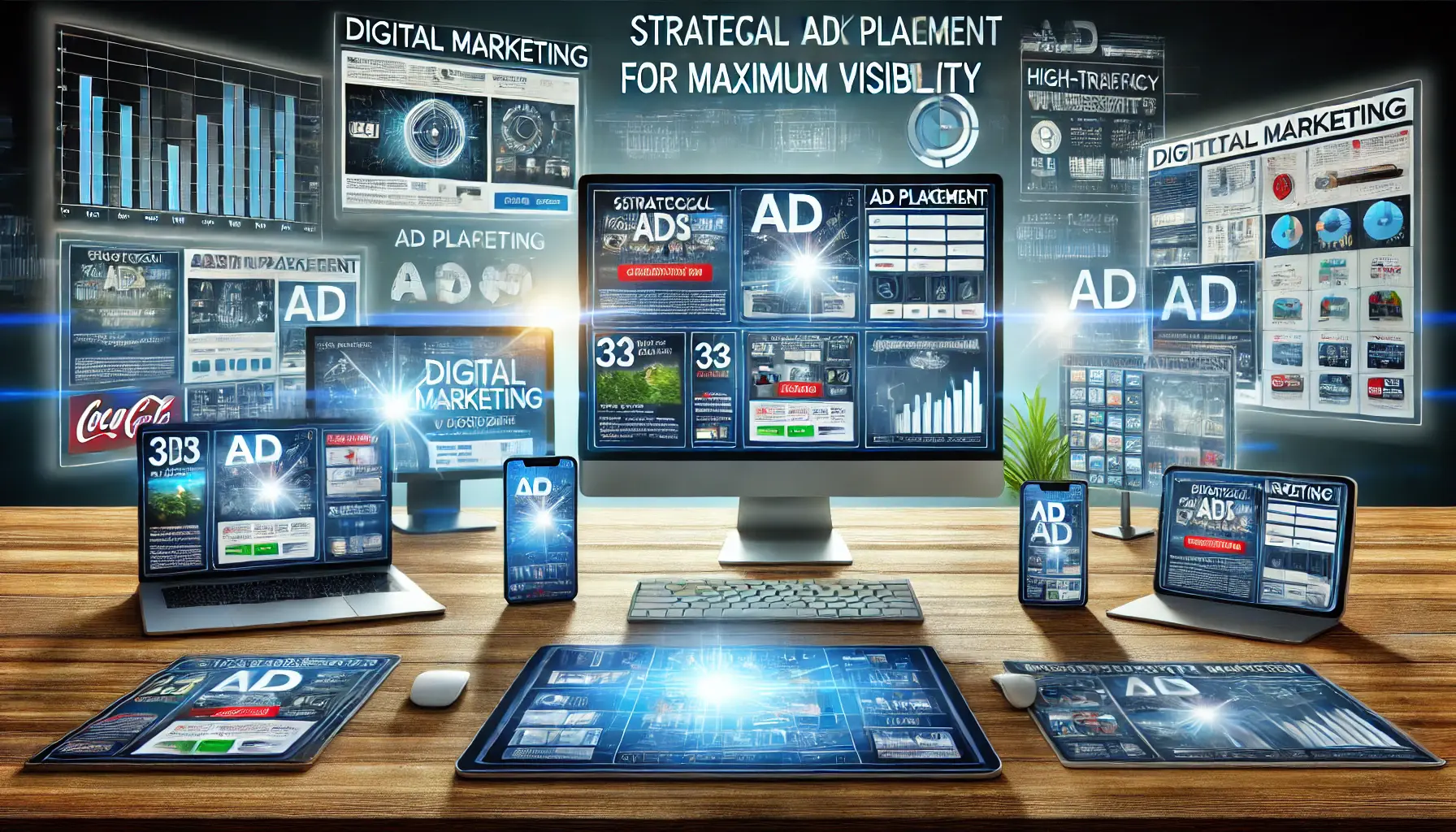 Image showing a digital marketing dashboard with ad placements across desktop, tablet, and smartphone devices on high-traffic websites, emphasizing strategic visibility.