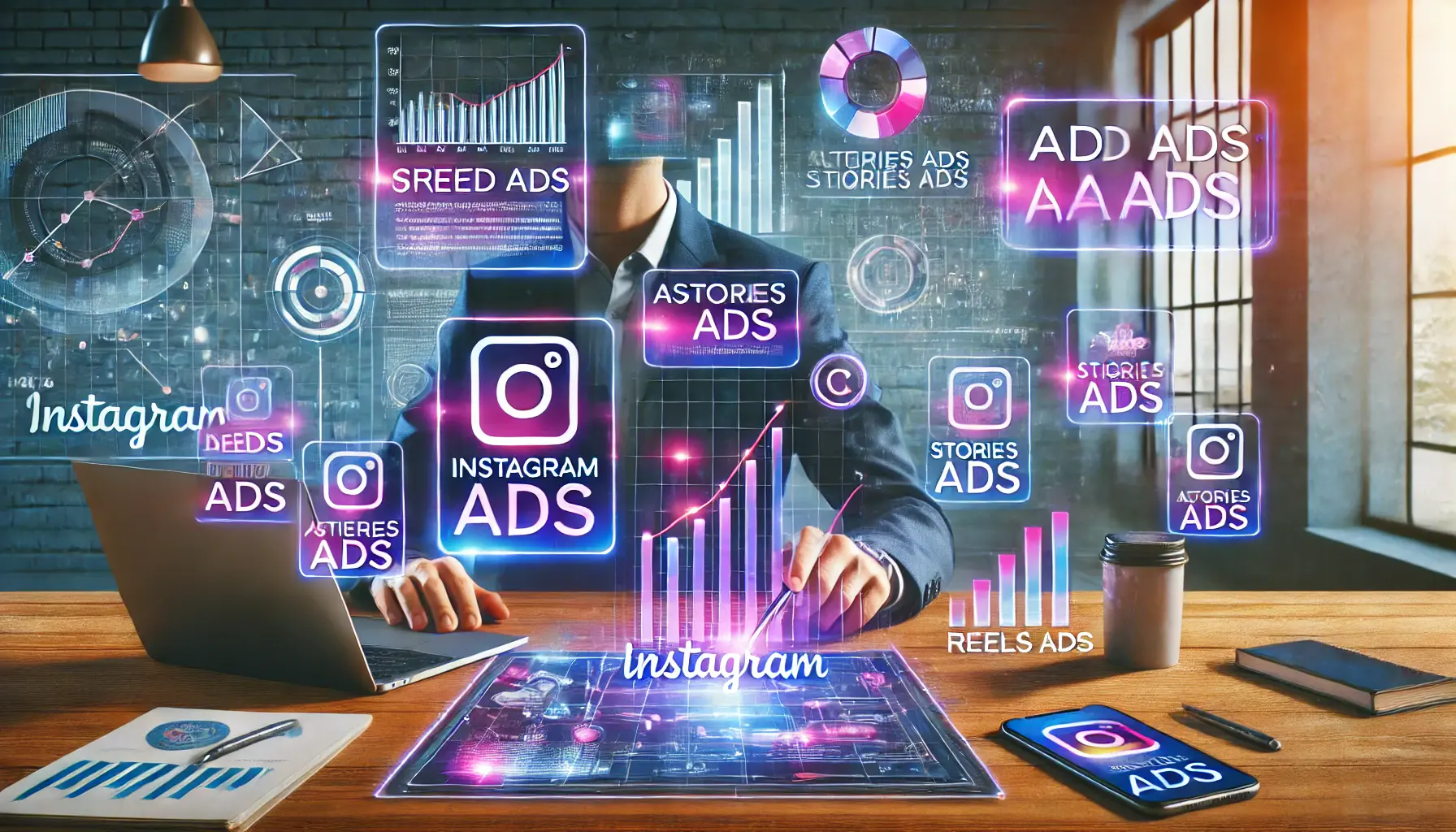 A business professional analyzing Instagram ad strategy on a laptop screen, with floating holographic-style visuals displaying ad performance metrics, audience engagement graphs, and different ad placements like feed ads, stories ads, and reels ads.