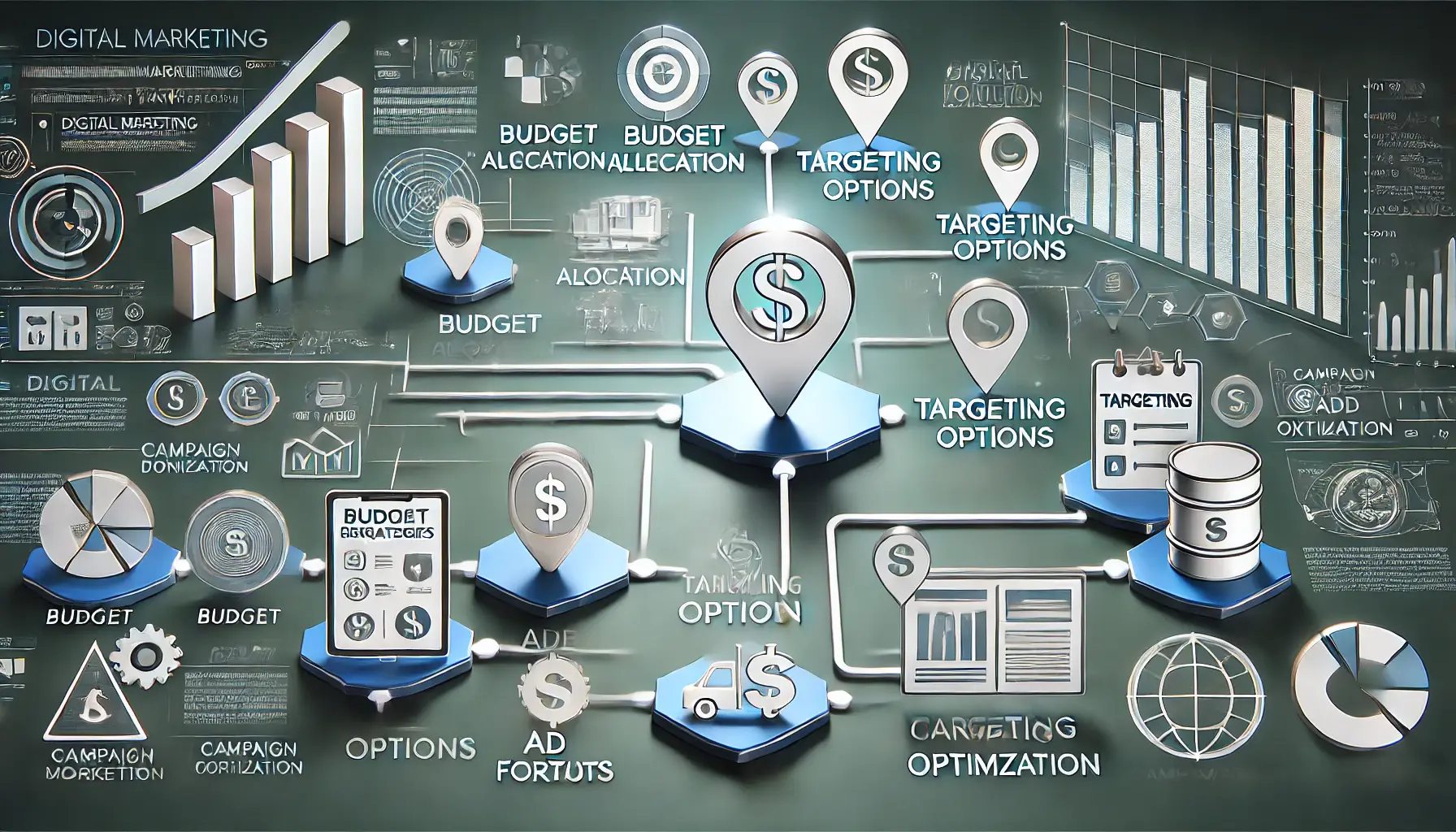 Illustration of a flowchart or roadmap with arrows representing various strategic recommendations for digital advertising.