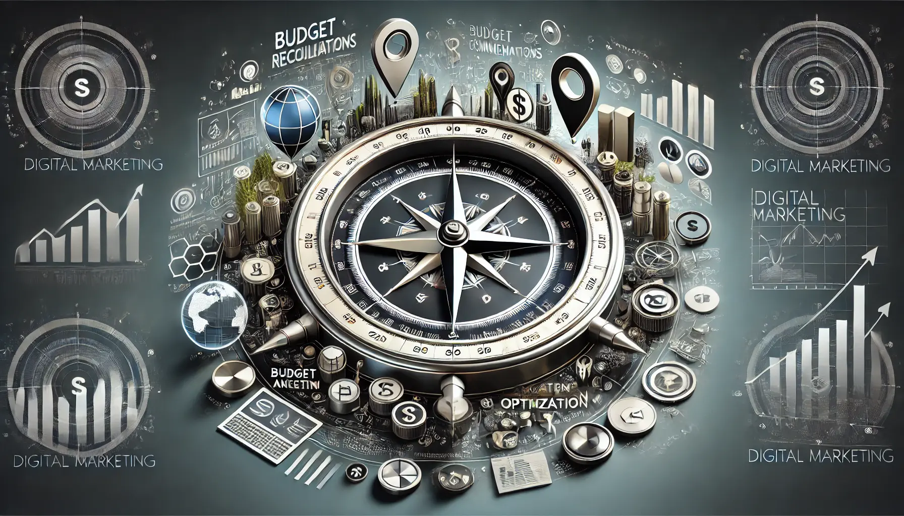 Illustration showing a compass with arrows pointing to various strategies in digital marketing, like budget allocation, targeting, and optimization.