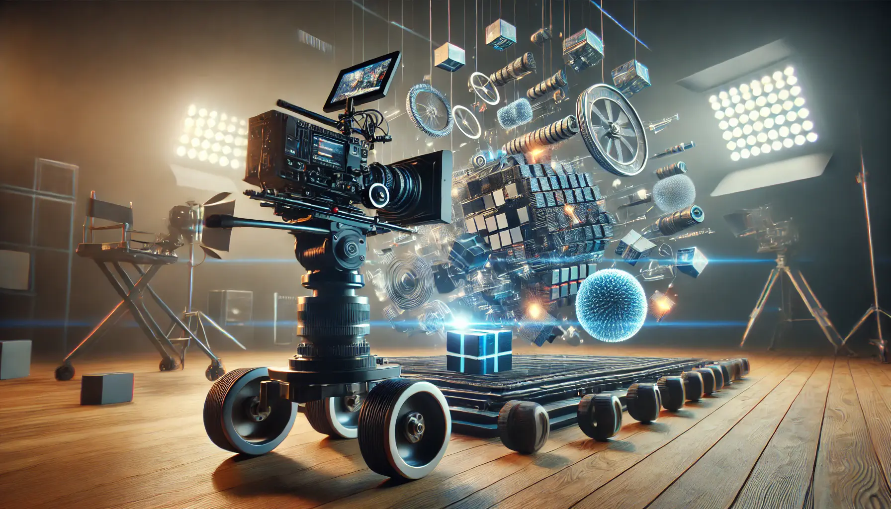 A dynamic film set scene with a camera on a dolly or crane capturing various angles and movements in a cinematic composition.