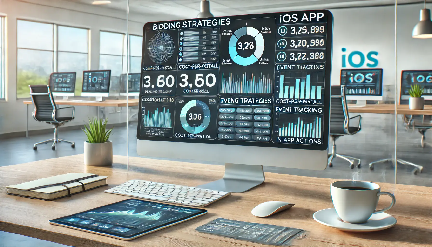 A workspace with a computer displaying iOS app event bidding strategies, including campaign metrics and event tracking.