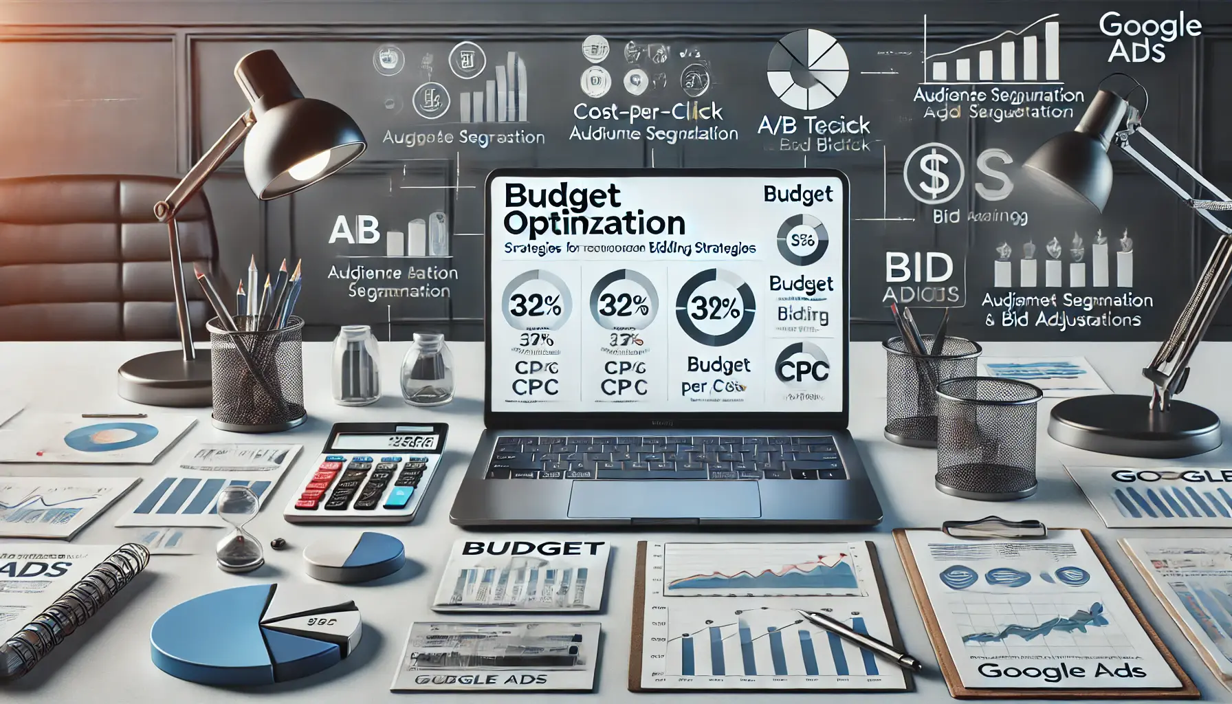 A digital marketing workspace showing a laptop with a dashboard displaying metrics on budget allocation, CPC, and automated bidding strategies.