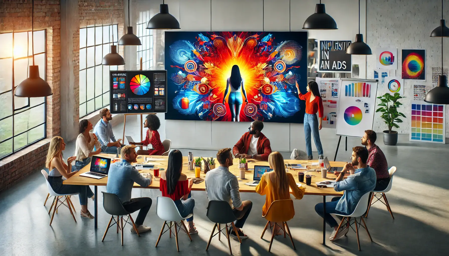 A diverse marketing team brainstorming in a modern workspace with a projector displaying an inclusive ad concept.