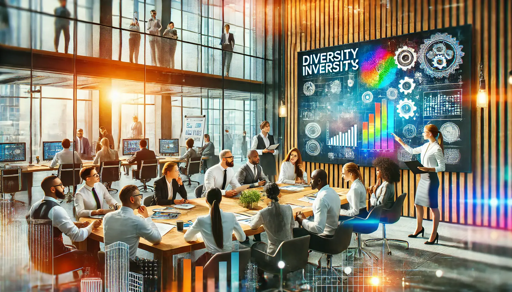 A diverse team collaborating in a modern office to implement strategies for diversity, with a focus on teamwork and inclusive initiatives.