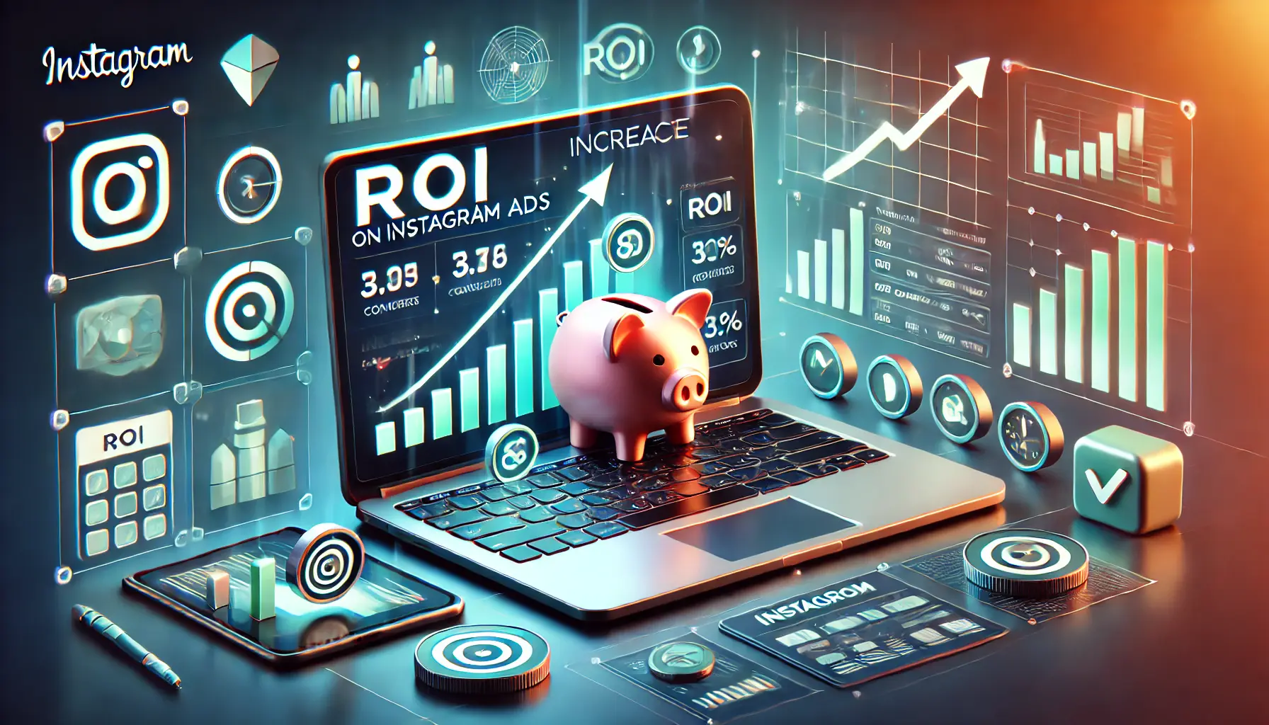 Illustration of a laptop displaying Instagram analytics with ROI and conversion metrics, surrounded by icons like a piggy bank, upward-trending graph, and a target symbol.