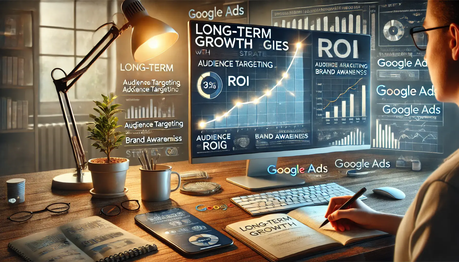 A digital marketer analyzing a growth chart with elements like audience targeting, ROI, and brand awareness strategies.