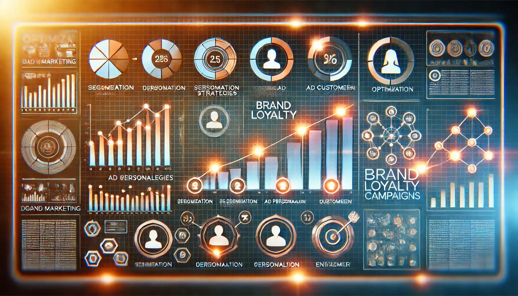 Illustration of strategies for optimizing brand loyalty with progress bars, sliders, and customer profiles.