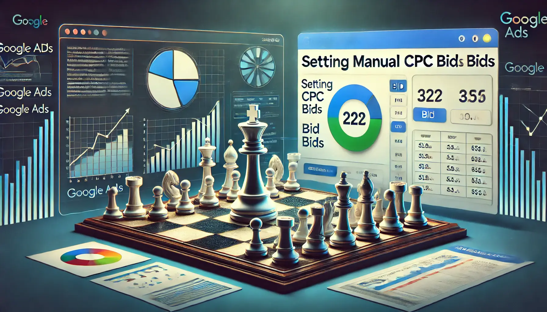 A conceptual representation of strategy with a chessboard and a Google Ads dashboard displaying bid settings, surrounded by elements like charts and analytics.