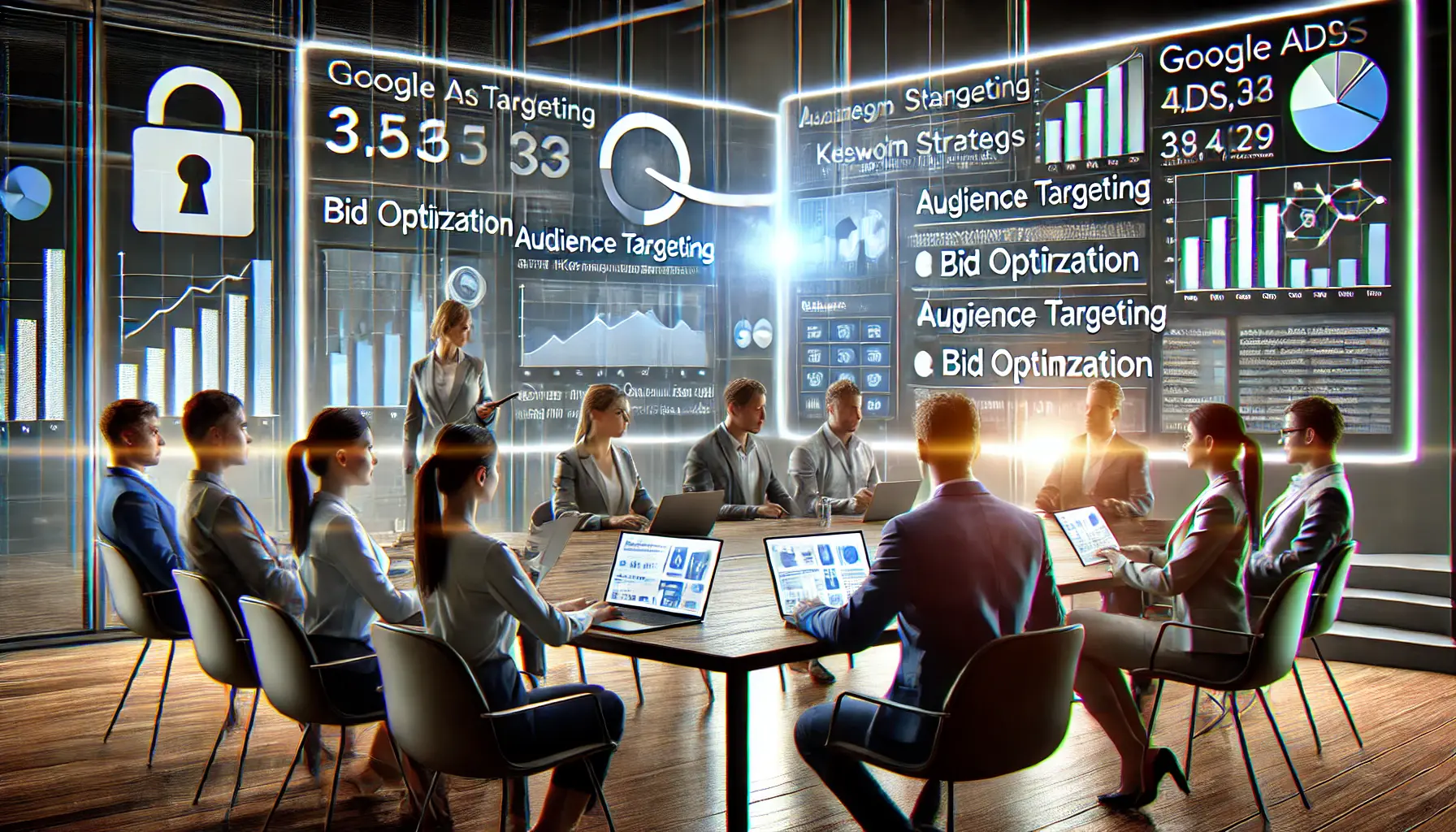 A team of digital marketers analyzing campaign strategies on a digital screen with metrics and charts in a modern office setting, showcasing Google Ads Management strategies.