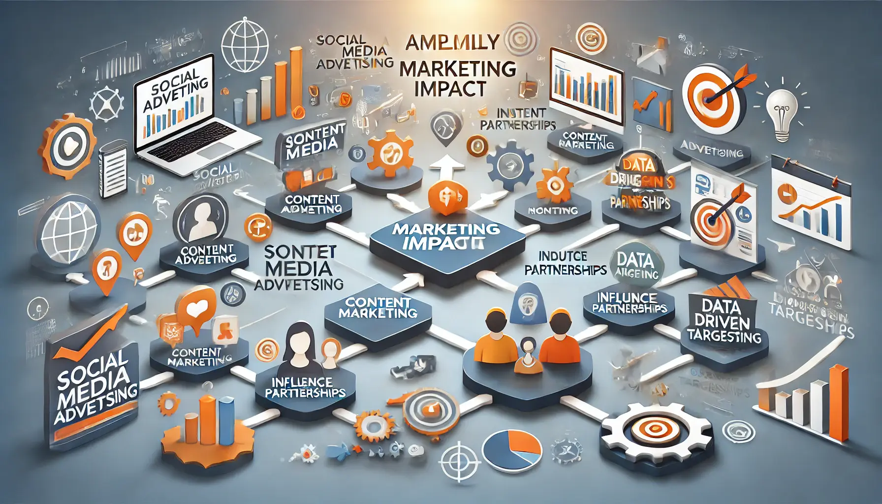 An image illustrating strategies to amplify marketing impact, including social media advertising, content marketing, influencer partnerships, and data-driven targeting, connected by arrows.