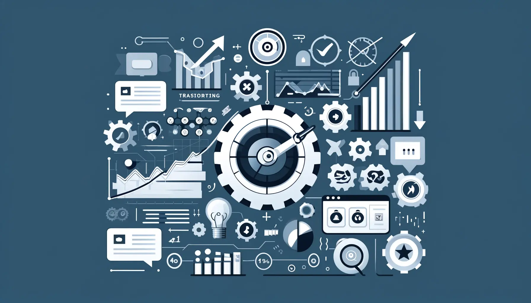 An illustration showing growing graphs, optimization tools like gears and sliders, and audience targeting icons representing ad performance enhancement.