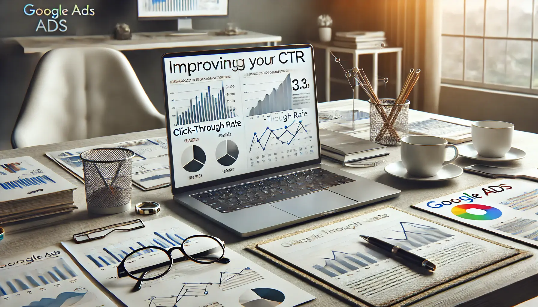 A clean, professional workspace with a laptop displaying Google Ads performance metrics related to click-through rate (CTR).