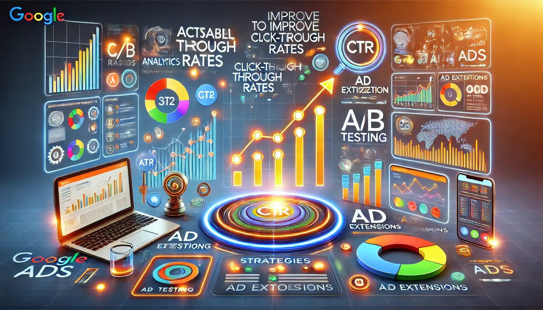 A vibrant digital marketing visualization depicting strategies for improving click-through rates (CTR) with elements like analytics, ad optimization tools, and performance metrics.