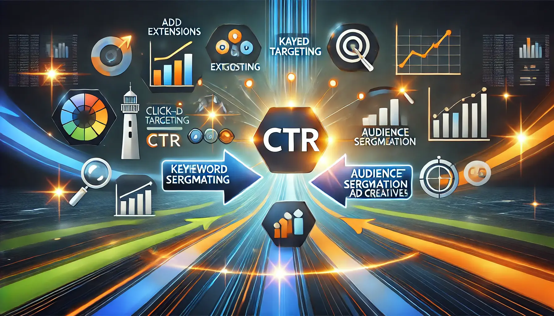 Illustration of interconnected icons representing strategies like ad extensions, keyword targeting, and audience segmentation to improve CTR.