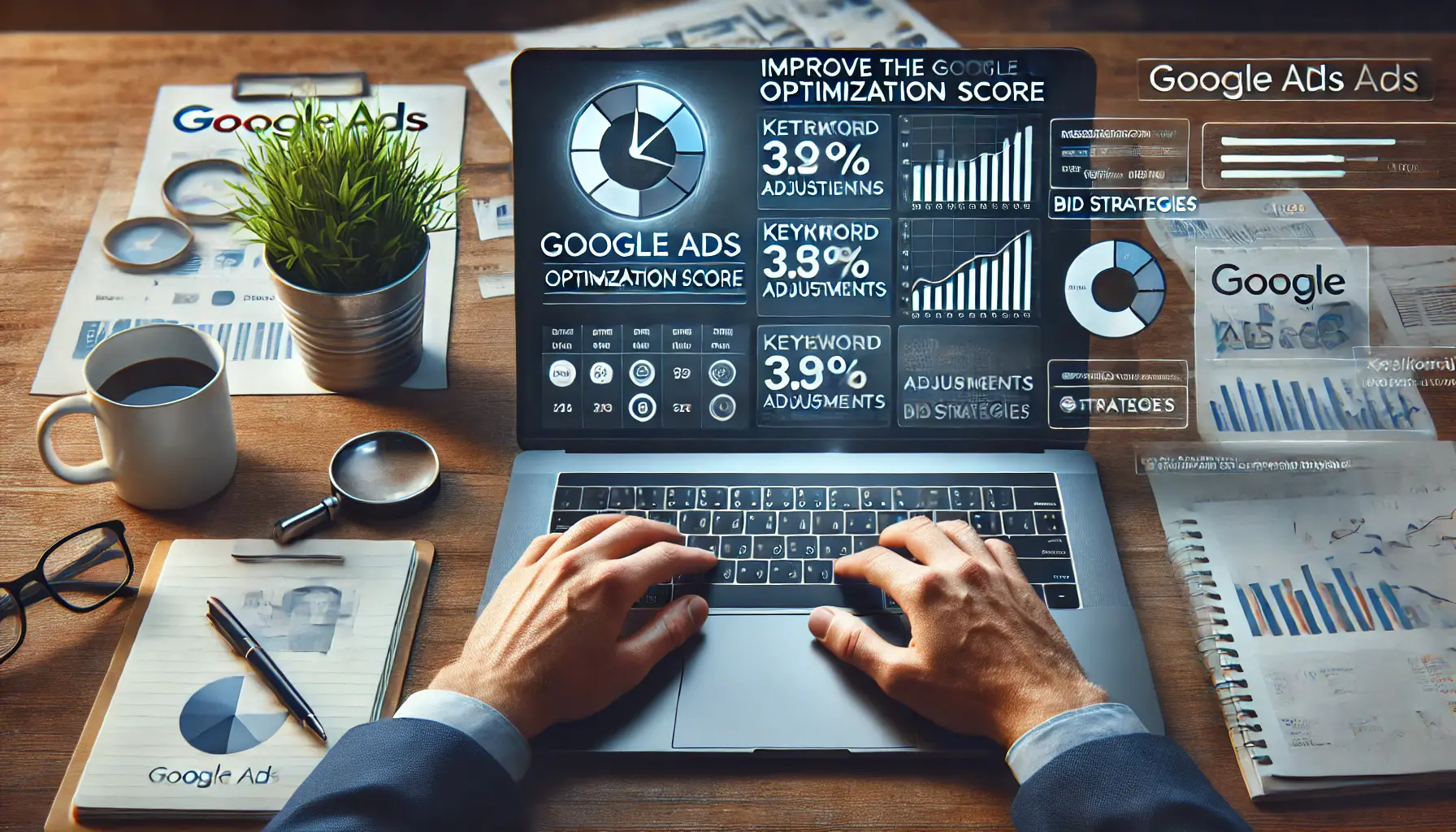 A business professional analyzing Google Ads campaign data on a laptop, with graphs and charts illustrating improvement strategies.