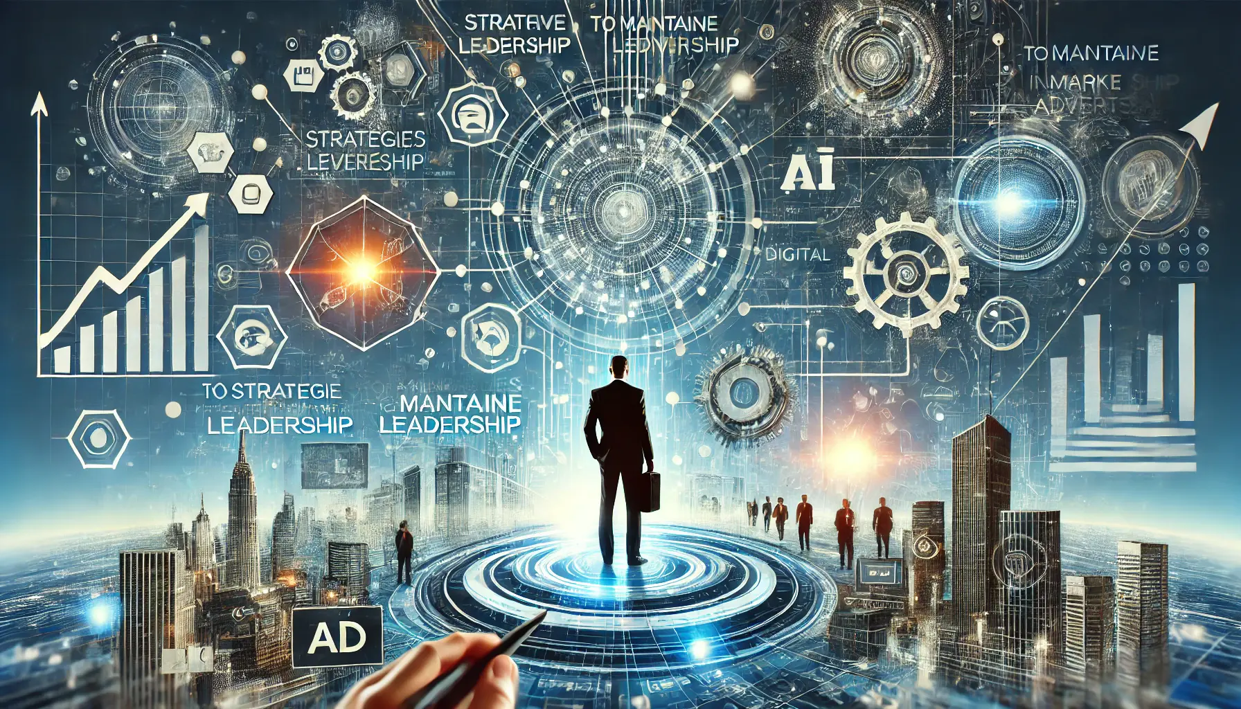 A professional representation of strategies to maintain market leadership in digital advertising, featuring innovation, AI algorithms, and digital ecosystems.