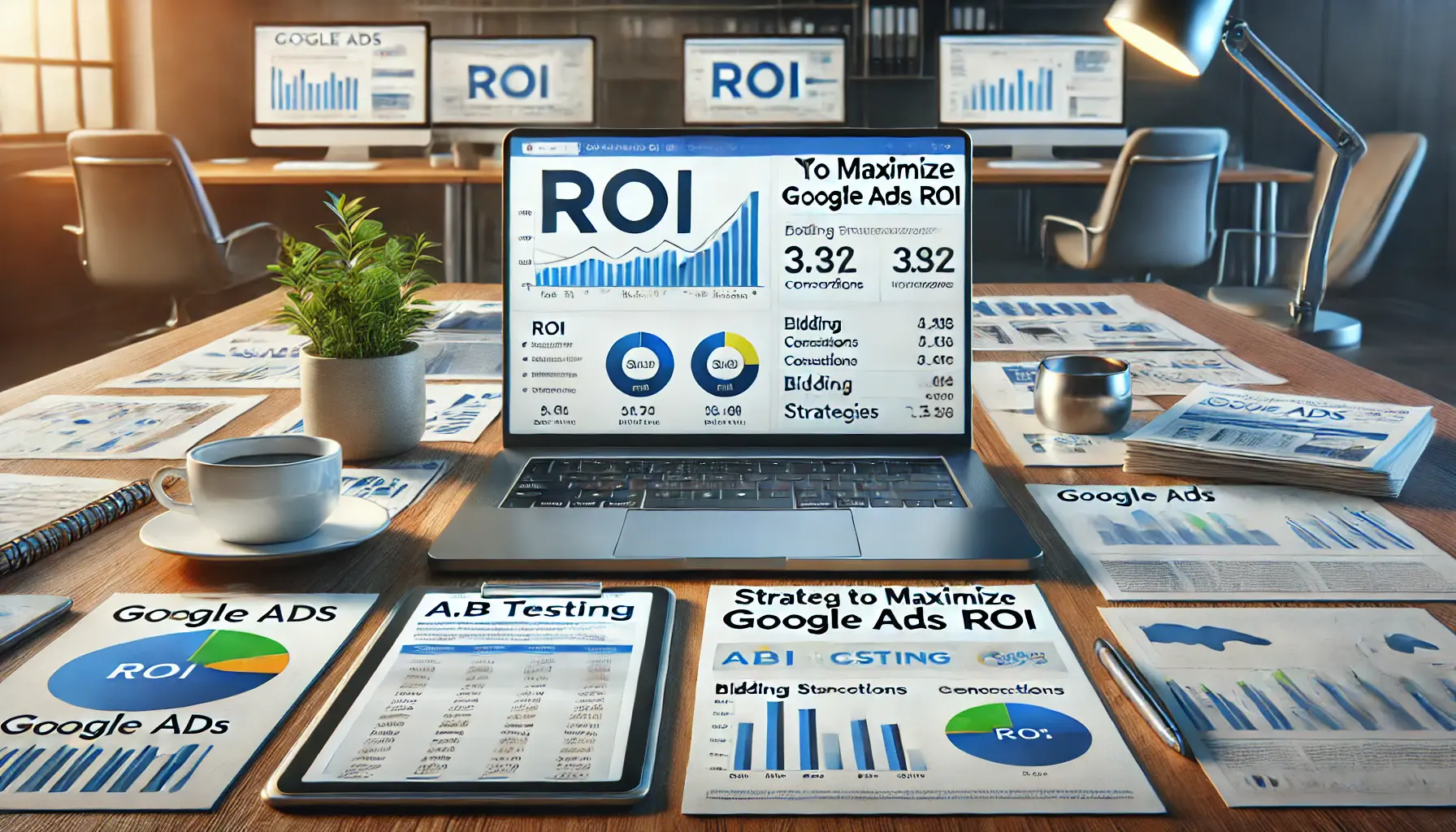 A workspace featuring a laptop with Google Ads ROI metrics, a tablet showing an A/B testing dashboard, and documents with strategy charts.