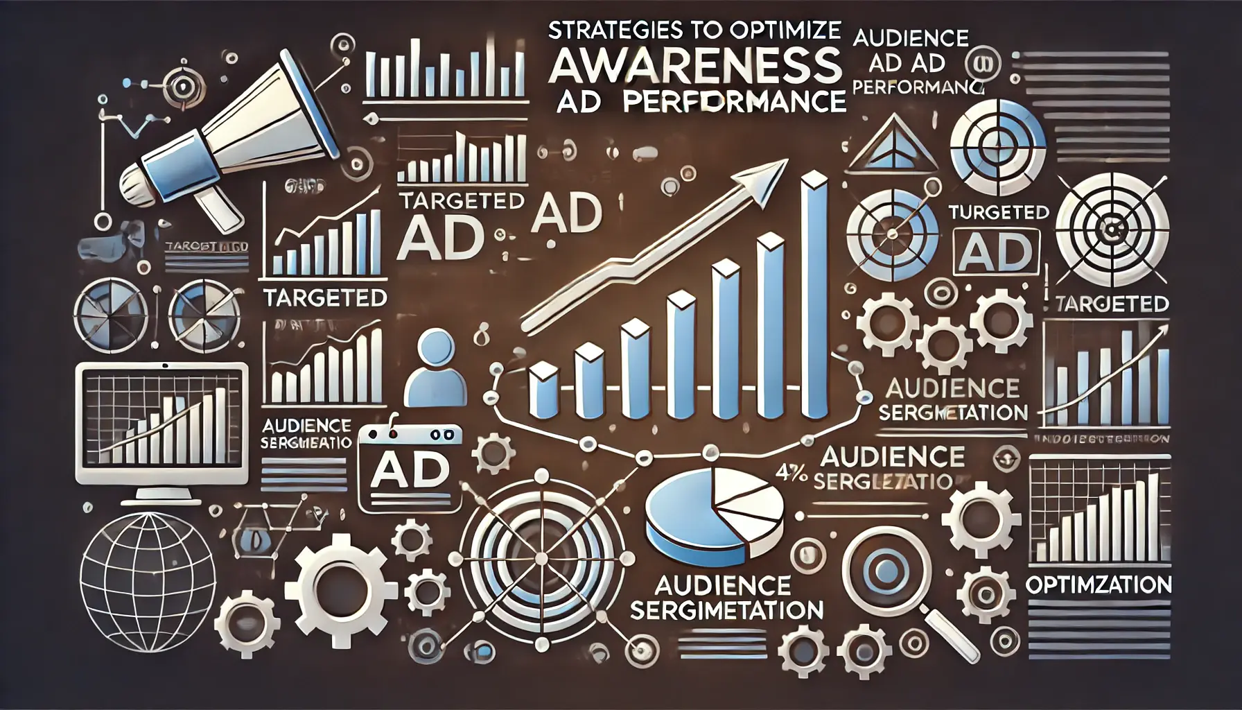 An illustration featuring elements like data charts with upward trends, targeted ad icons, audience segmentation symbols, and optimization tools like gears and arrows.