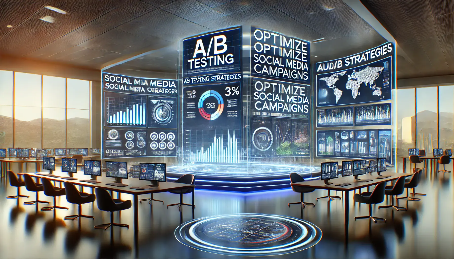 A modern digital workspace featuring interactive screens with data visualizations for optimizing social media campaigns, including A/B testing results and audience insights.