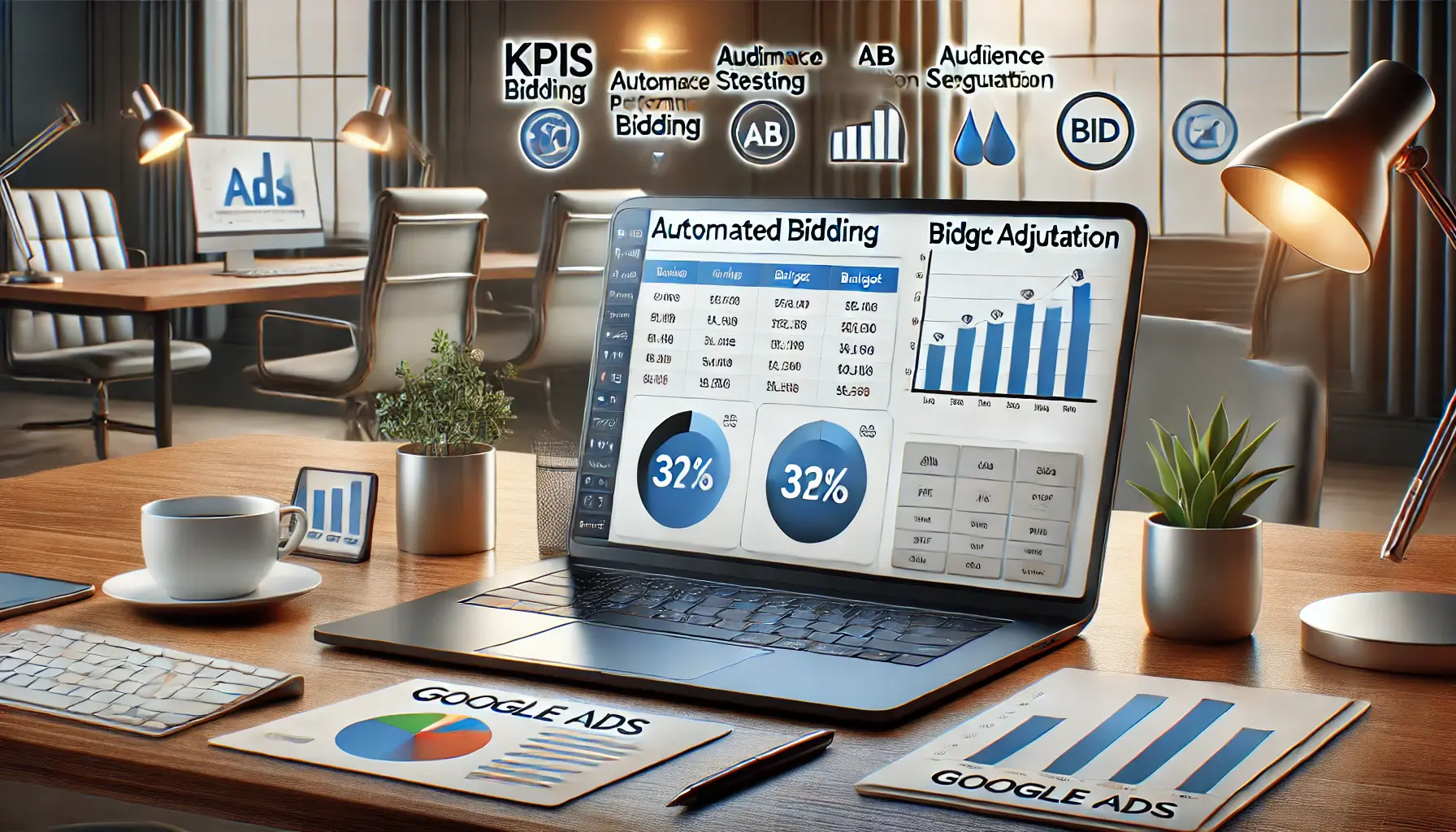 A digital marketing workspace showing a laptop with a Google Ads dashboard displaying KPIs, budget allocation, and strategy icons like automated bidding and audience segmentation.