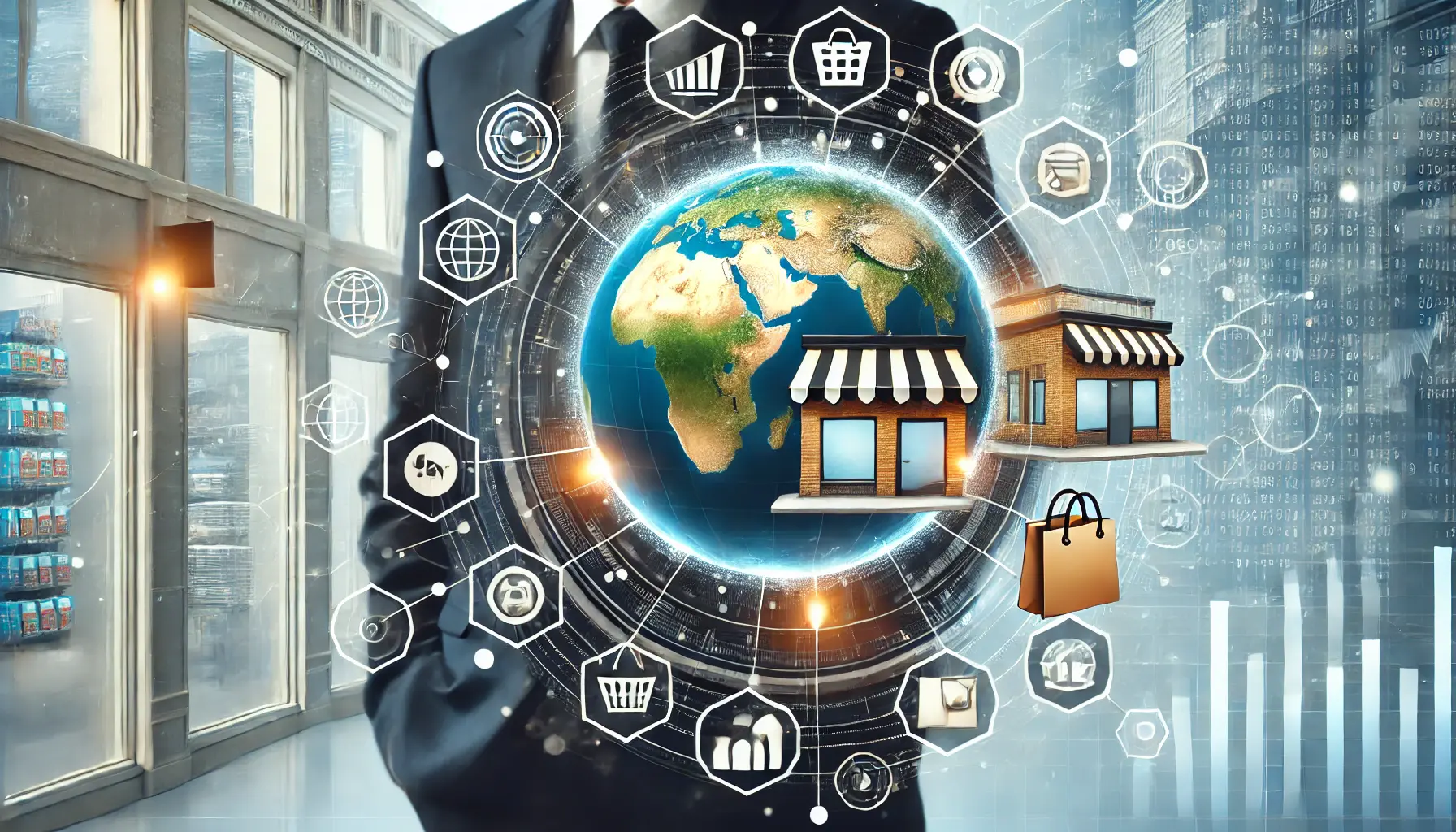 A visually appealing image showcasing global connectivity and marketing strategies, featuring a digital globe, storefront, and marketing icons like shopping bags and graphs.