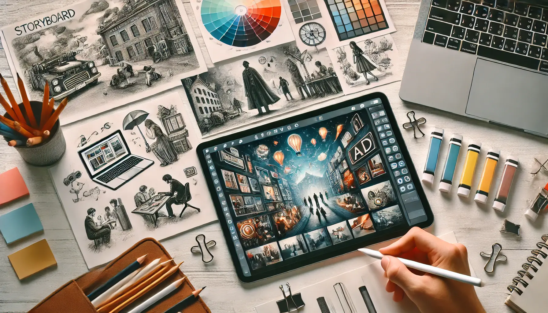 A creative workspace with a digital tablet displaying a storyboard, showing sketches of ad visuals, a laptop with high-quality images, and scattered art supplies.