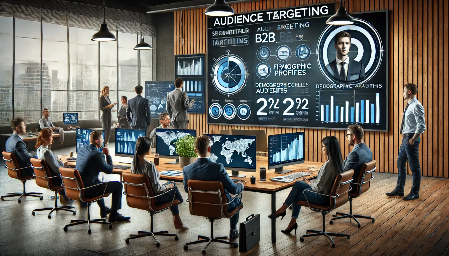 A modern office with marketers analyzing segmented audience profiles, geographic maps, and data charts to strategize audience targeting for B2B campaigns.