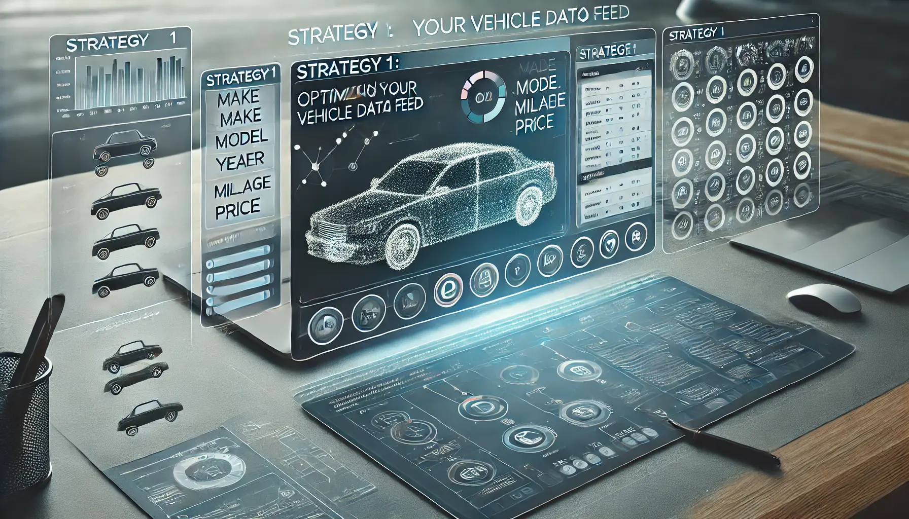 A digital workspace showcasing vehicle data columns with filters and high-resolution images for optimization.